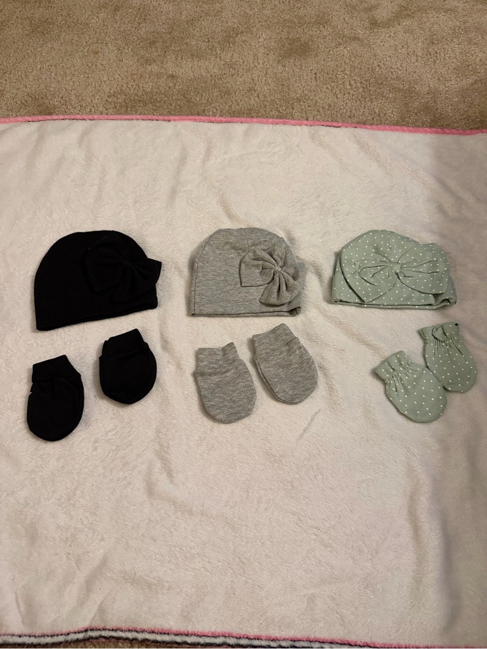 Baby Bow Hat and Mitten Set - Black, Gray, Mint